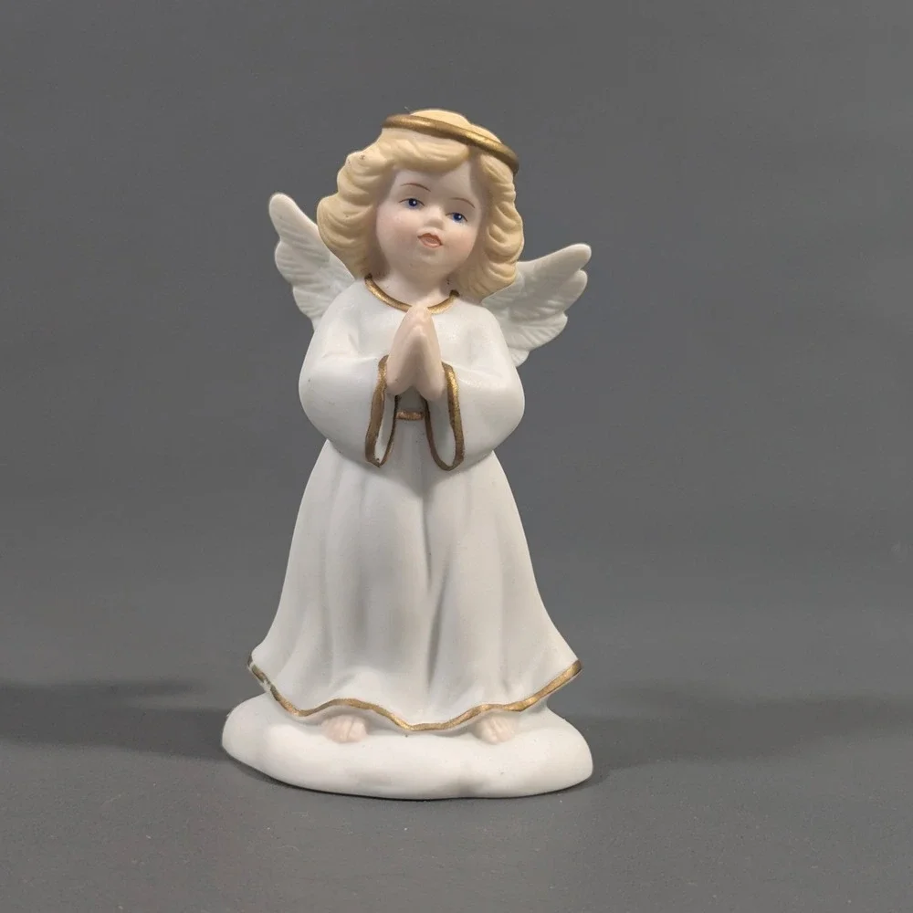 Golden Blessing 1996 Bisque Porcelain Praying Angel Figurine Gold Trim White